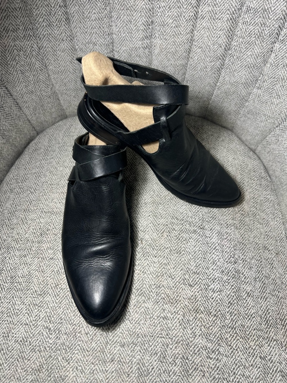 Freda Salvador Black Leather Mule Buckle Boots with Wrap Strap size 6